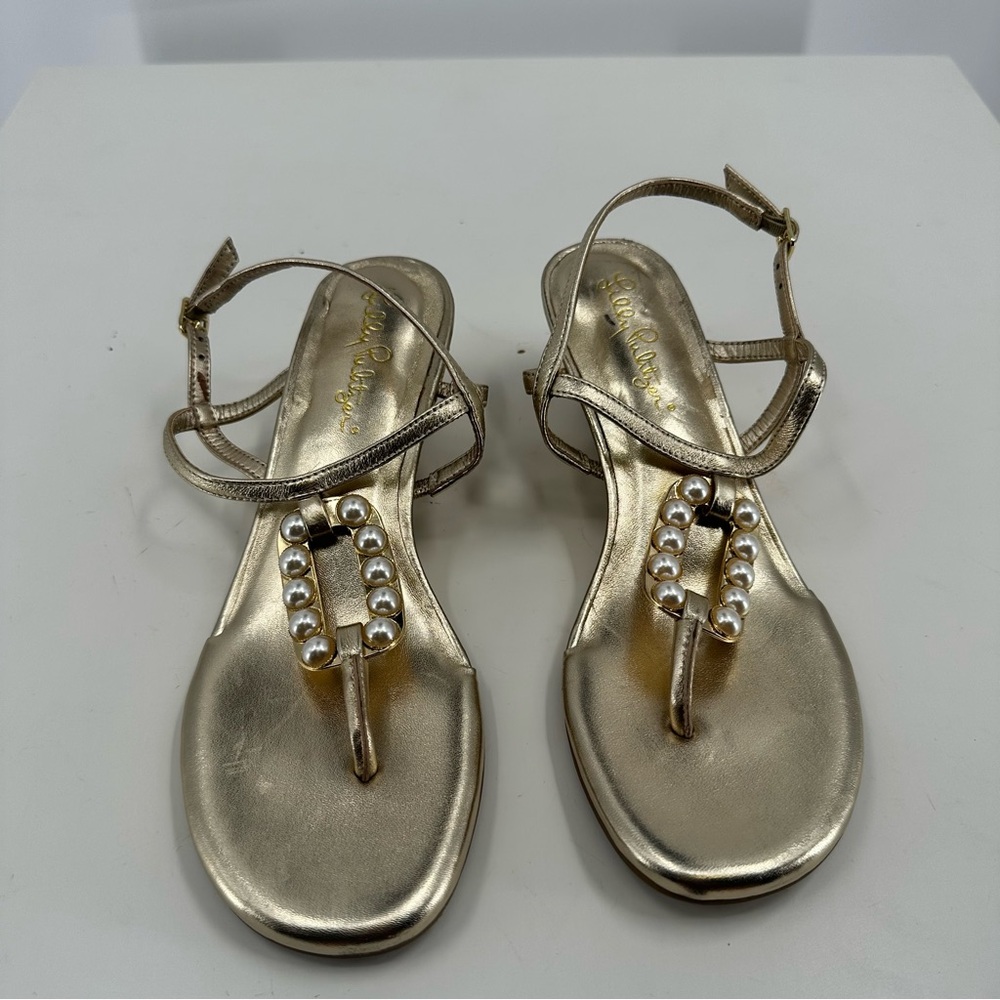 Lilly Pulitzer Good As Gold Pearl Wedge Thong Sandals